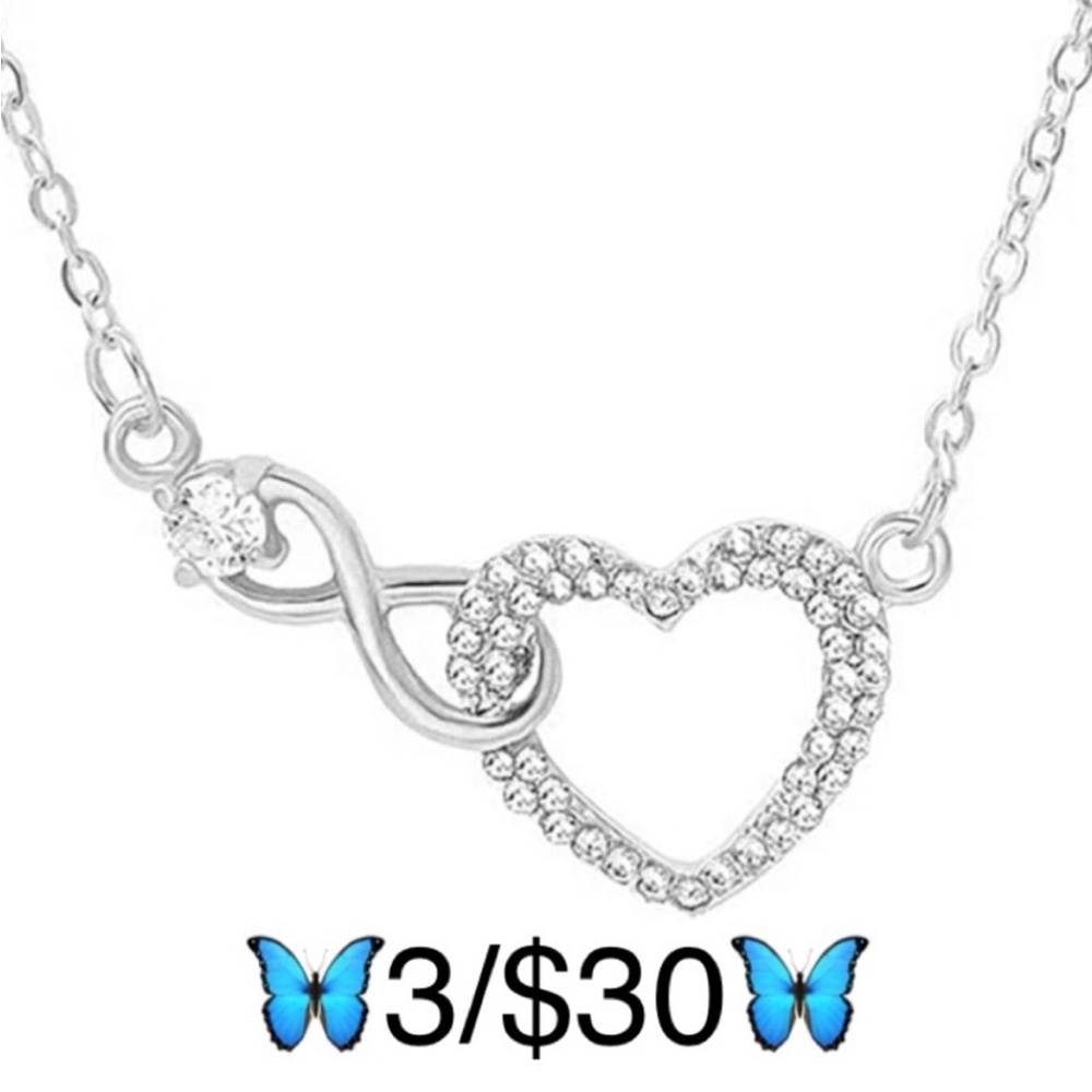 Infinity Heart Rhinestone Necklace on 16” Silver Tone Clavicle Chain w/ 2” ext.